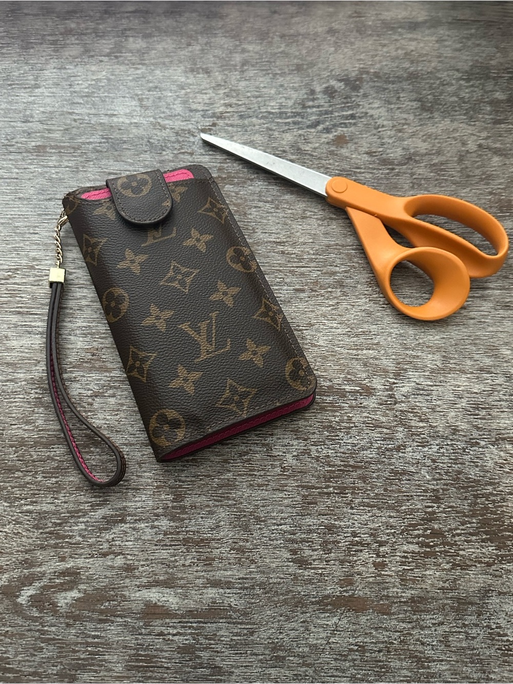 Monogram Wristlet Clutch/Phone Case in Brown with Pink Trim - Picture 2 of 16